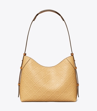 Tory Burch designer borse a tracolla Borsa a tracolla T Monogram martellata in Biscotti front