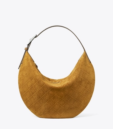 Tory Burch designer borse hobo Borsa Balloon T Monogram in suede in CHICORY BROWN front