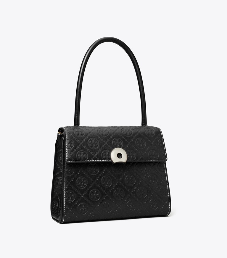 Tory Burch designer bauletto Borsa Deville piccola con T Monogram in rilievo in Black angle