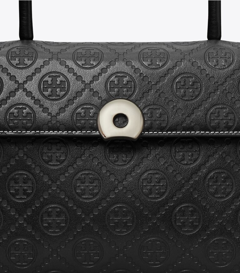 Tory Burch designer bauletto Borsa Deville piccola con T Monogram in rilievo in Black angle
