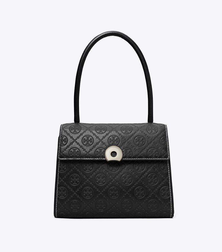Tory Burch designer bauletto Borsa Deville piccola con T Monogram in rilievo in Black front