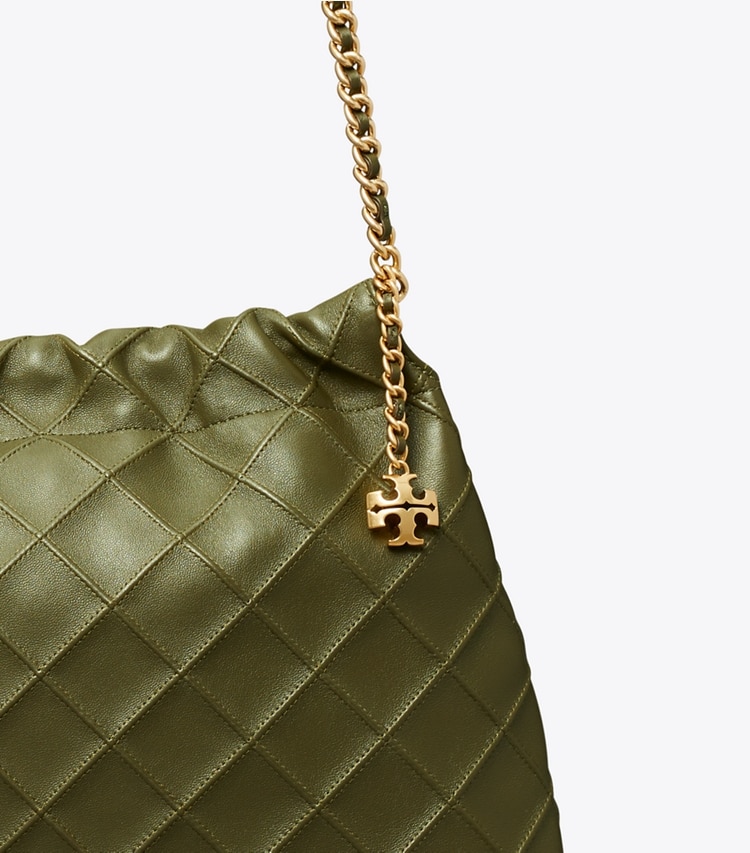 Tory Burch designer borse hobo Borsa Fleming con coulisse in Dark Olive dettaglio