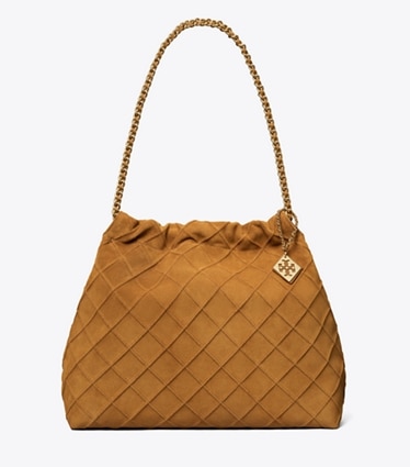 Tory Burch designer borse hobo Borsa Fleming in morbido suede con coulisse in Chicory Brown front