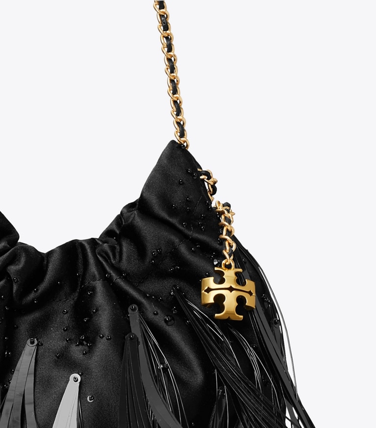 Tory Burch designer borse a spalla Borsa Fleming mini con coulisse e piume in Black dettaglio