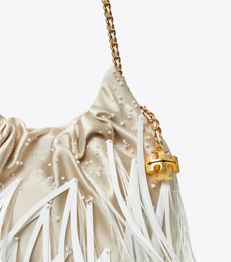 Tory Burch designer borse a spalla Borsa Fleming mini con coulisse e piume in Stone angle