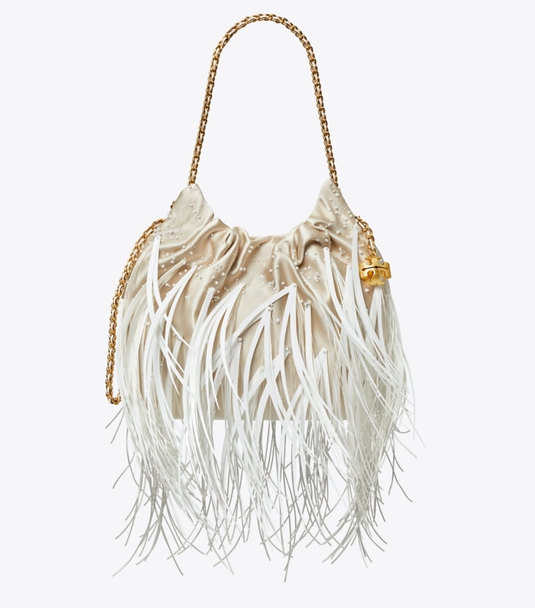 Tory Burch designer borse a spalla Borsa Fleming mini con coulisse e piume in Stone angle