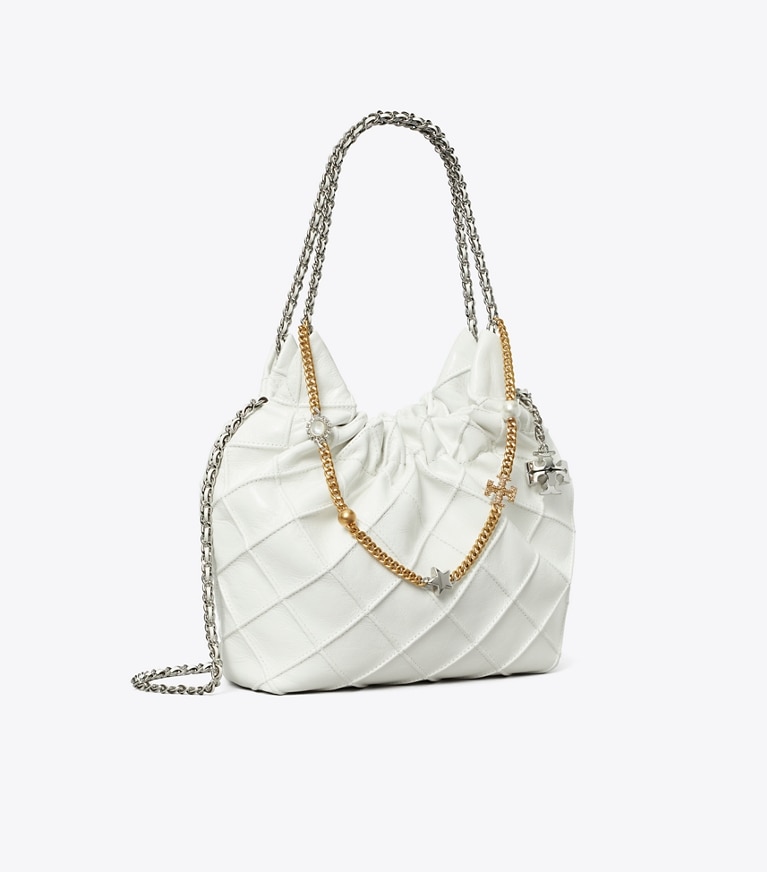 Tory Burch designer borse a spalla Borsa Fleming mini morbida effetto invecchiato con coulisse in Blanc angle