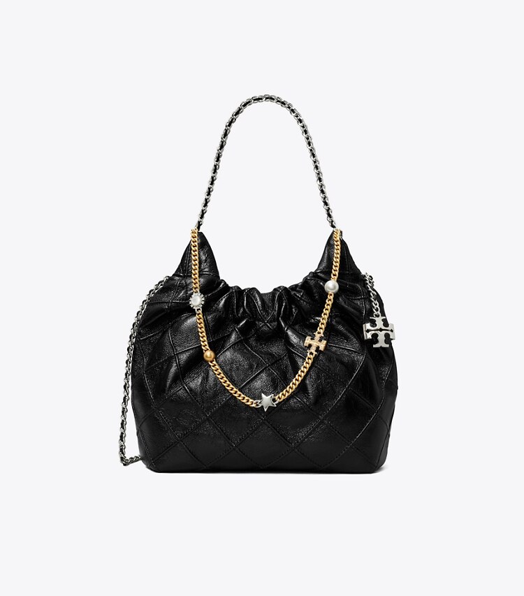 Tory Burch designer borse a spalla Borsa Fleming mini morbida effetto invecchiato con coulisse in Black front