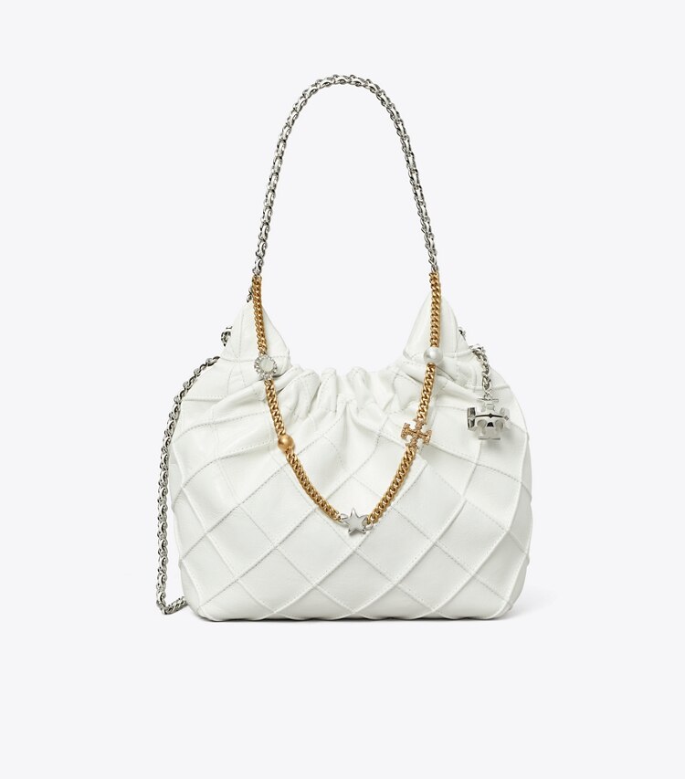 Tory Burch designer borse a spalla Borsa Fleming mini morbida effetto invecchiato con coulisse in Blanc front