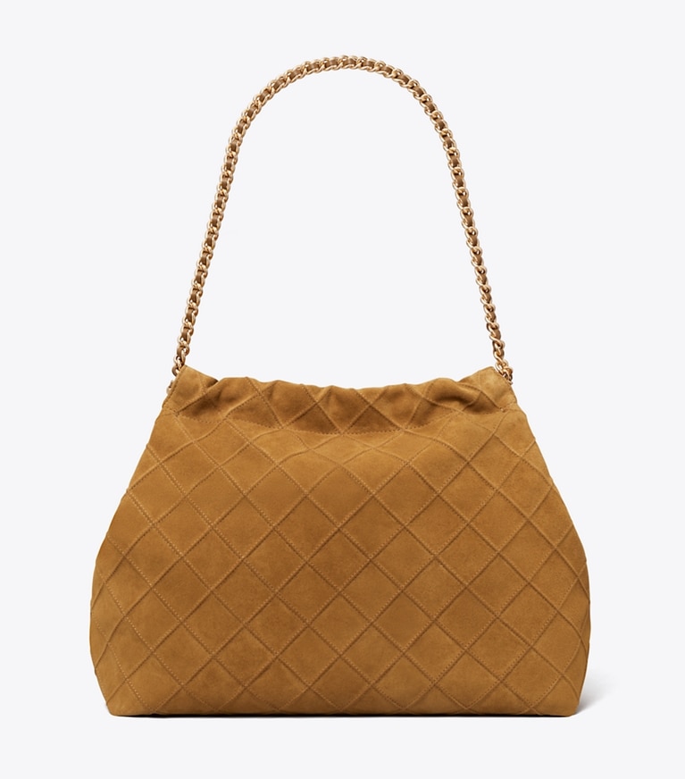 Tory Burch designer borse hobo Borsa hobo Fleming in morbido suede in CHICORY BROWN angle