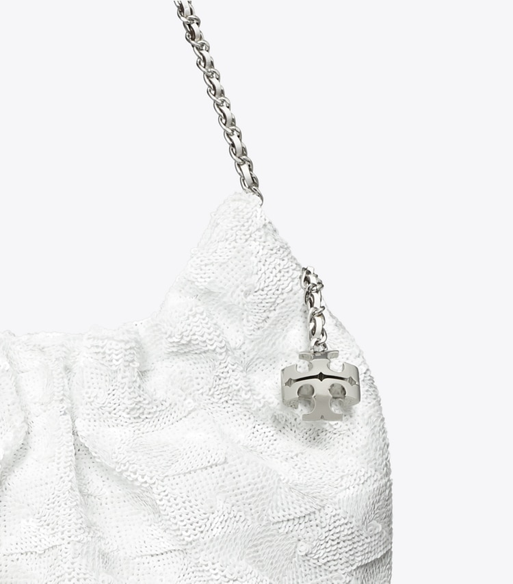 Tory Burch designer borse a spalla Borsa hobo Fleming mini con paillette in White dettaglio