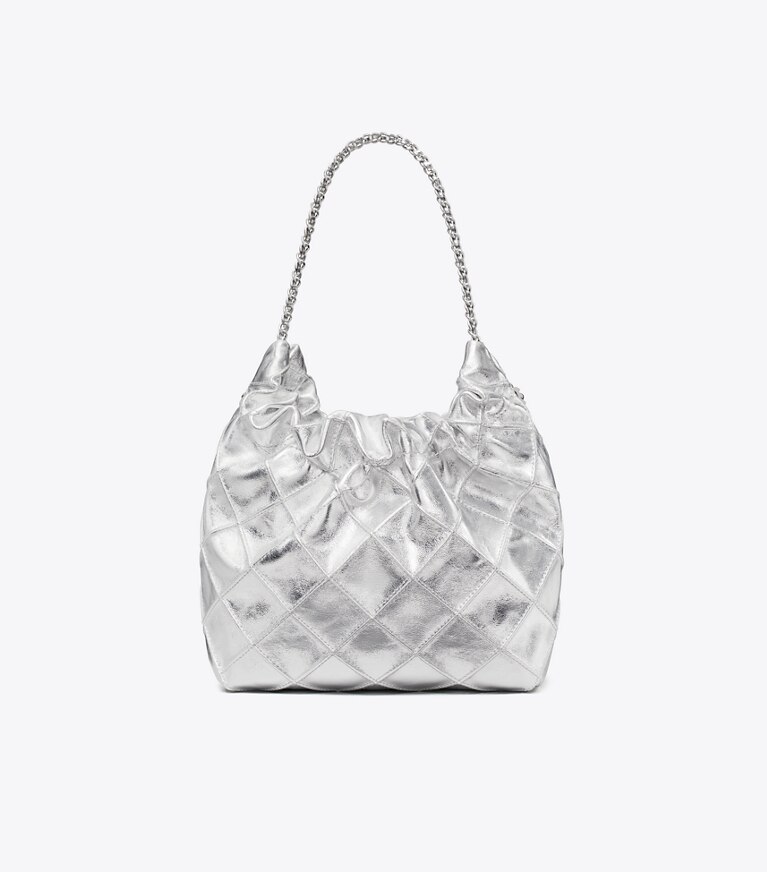 Tory Burch designer borse a spalla Borsa hobo metallizzata Mini Fleming in Silver angle