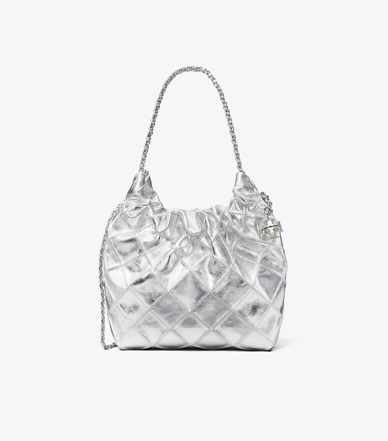 Tory Burch designer borse a spalla Borsa hobo metallizzata Mini Fleming in Silver angle