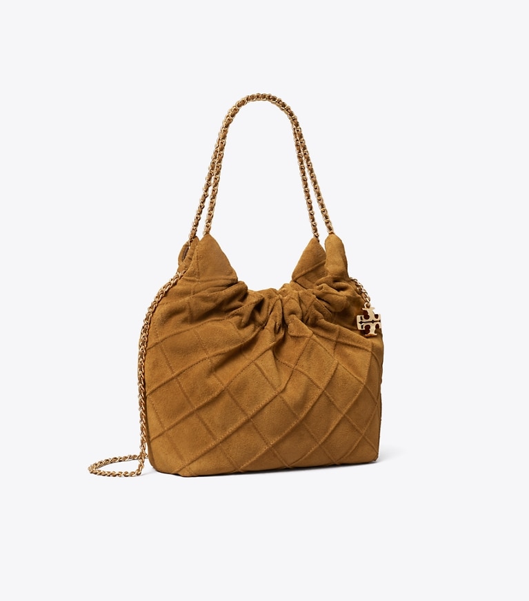 Tory Burch designer borse a spalla Borsa hobo Mini Fleming in morbido suede in CHICORY BROWN angle
