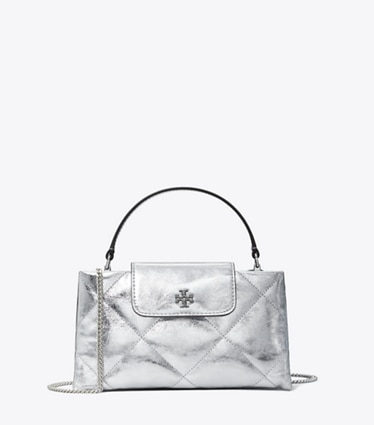 Tory Burch designer mini bags Borsa Kira con trapuntatura a diamante e manico superiore metallizzato in Silver front
