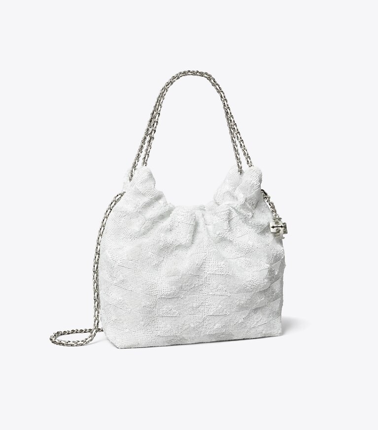 Tory Burch designer borse a spalla Borsa Mini Hobo Fleming con paillette in White angle