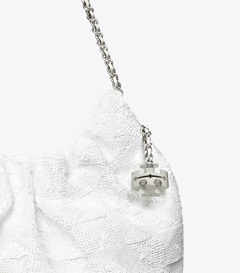 Tory Burch designer borse a spalla Borsa Mini Hobo Fleming con paillette in White dettaglio