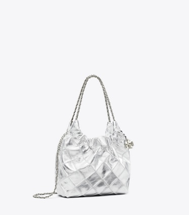 Tory Burch designer borse a spalla Borsa Mini Hobo Fleming metallizzata in Silver angle