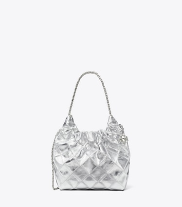 Tory Burch designer borse a spalla Borsa Mini Hobo Fleming metallizzata in Silver front