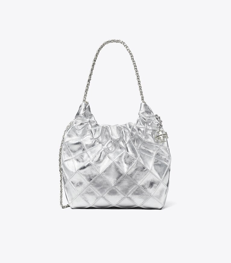 Tory Burch designer borse a spalla Borsa Mini Hobo Fleming metallizzata in Silver angle