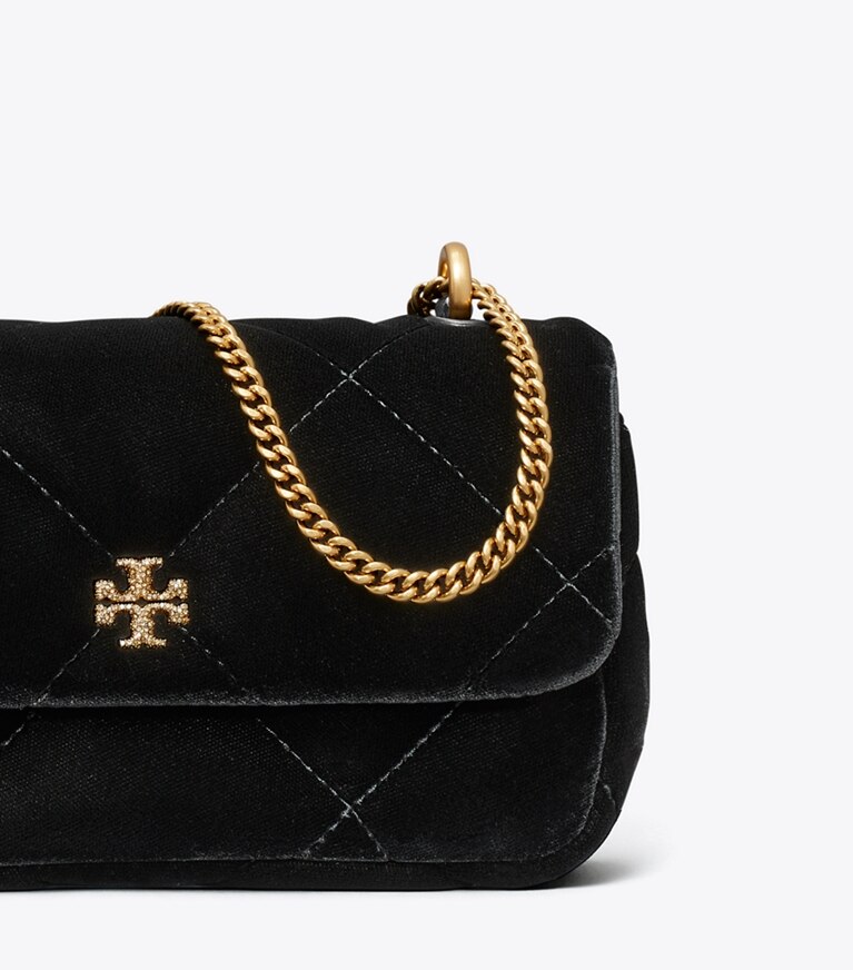 Tory Burch designer borse a spalla Borsa Mini Kira con pattina e trapuntatura a diamante in velluto e pavé in Black dettaglio