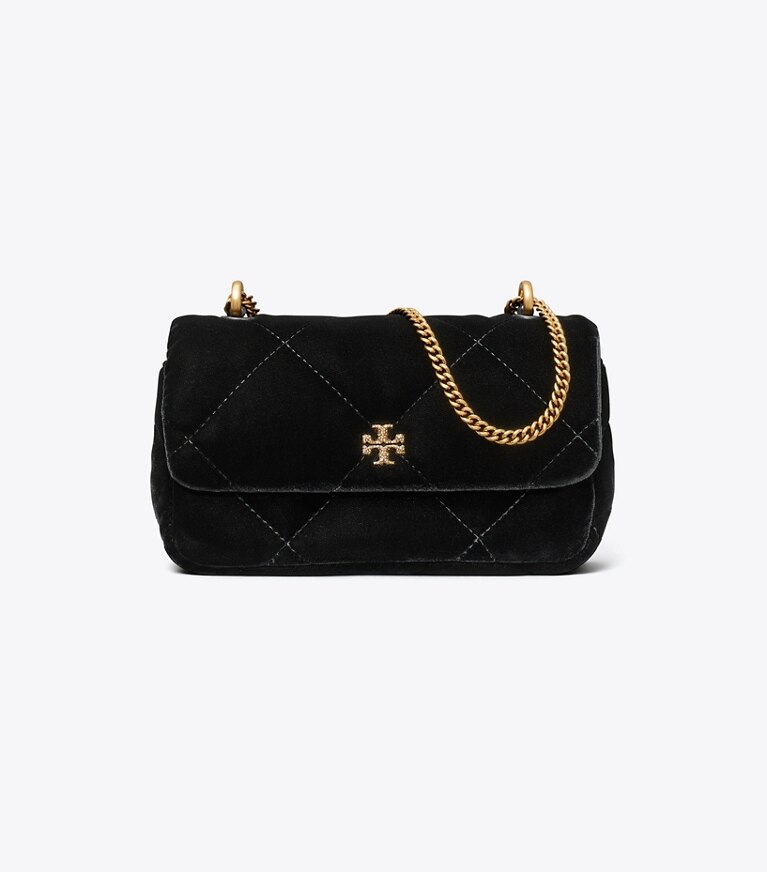 Tory Burch designer borse a spalla Borsa Mini Kira con pattina e trapuntatura a diamante in velluto e pavé in Black front