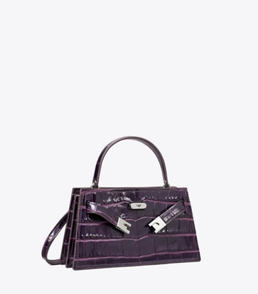 Tory Burch designer borse a spalla Borsa Mini Lee Radziwill in pelle goffrata con manico superiore in Purple angle