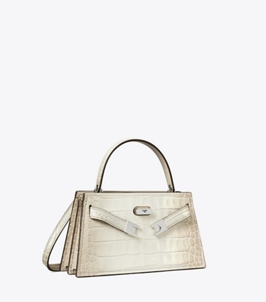 Tory Burch designer borse a spalla Borsa Mini Lee Radziwill in pelle goffrata degradé con manico superiore in Ivory Degrade angle