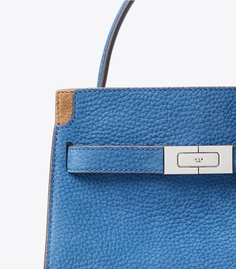 Tory Burch designer borse a spalla Borsa Petite Double Bag Lee Radziwill in pelle nabuk in Bright Blue dettaglio