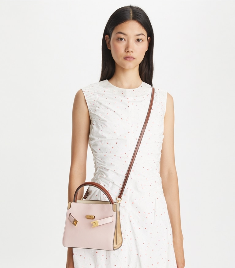 Tory Burch designer borse a spalla Borsa Petite Double Lee Radziwill in pelle martellata in Pink Sand angle