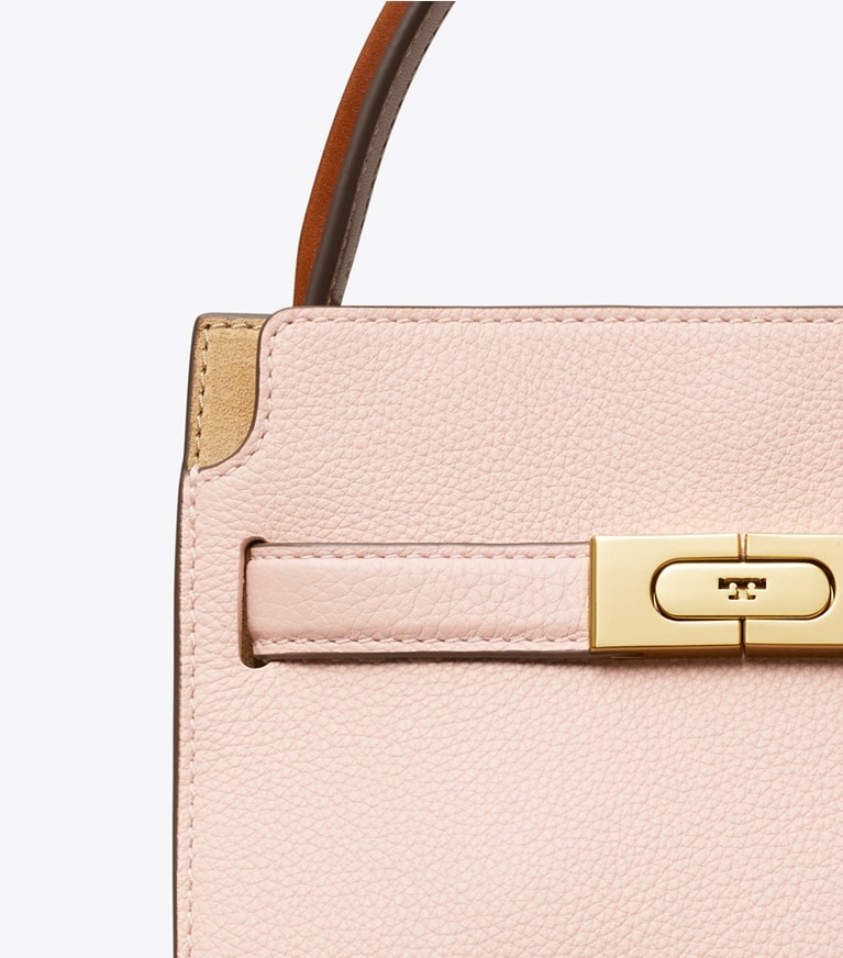 Tory Burch designer borse a spalla Borsa Petite Double Lee Radziwill in pelle martellata in Pink Sand angle