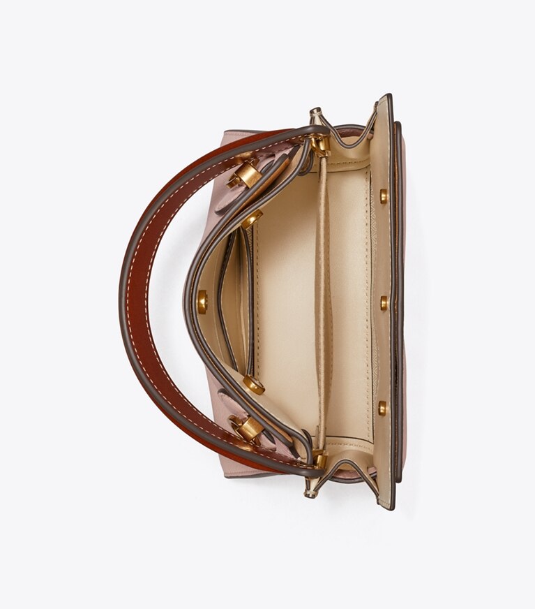 Tory Burch designer borse a spalla Borsa Petite Double Lee Radziwill in pelle martellata in Pink Sand angle