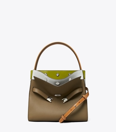 Tory Burch designer bauletto Borsa piccola Double Lee Radziwill color-block in pelle martellata in Wild Mushroom front