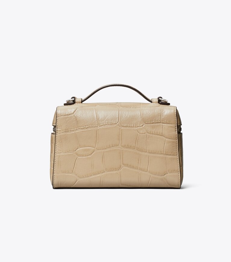 Tory Burch designer borse a spalla Borsa Romy Slim con manico superiore in pelle effetto coccodrillo in rilievo in Light Hickory indietro