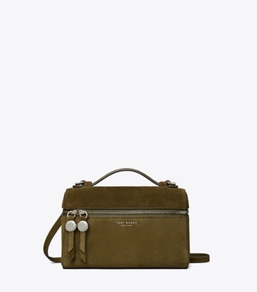 Tory Burch designer borse a spalla Borsa Slim Romy in suede con manico superiore in Dark Olive front