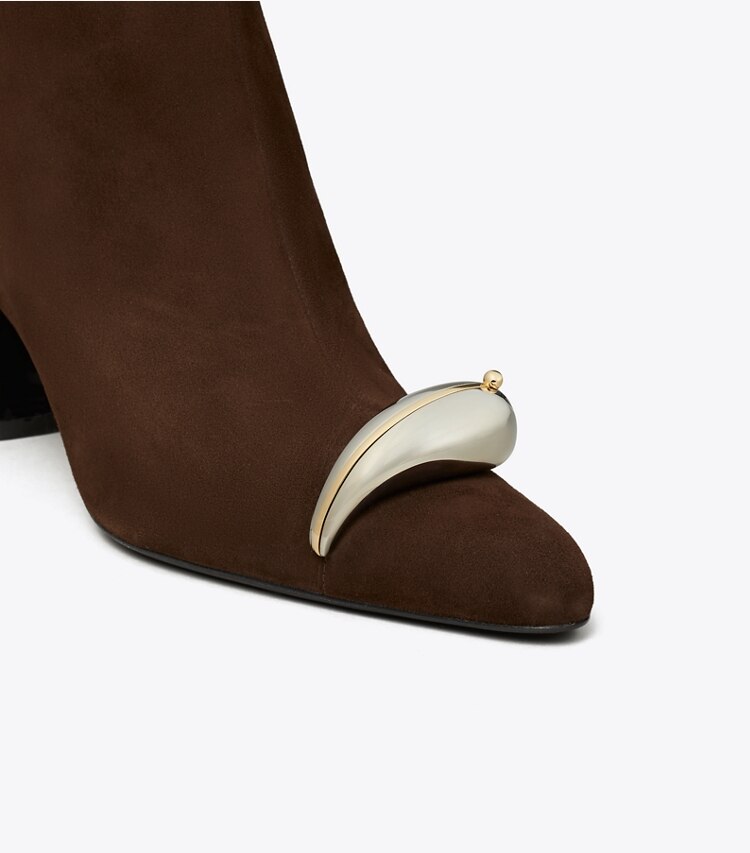 Tory Burch diseñador botines Botín con tacón Pierced en DARK COCOA / SILVER detalle