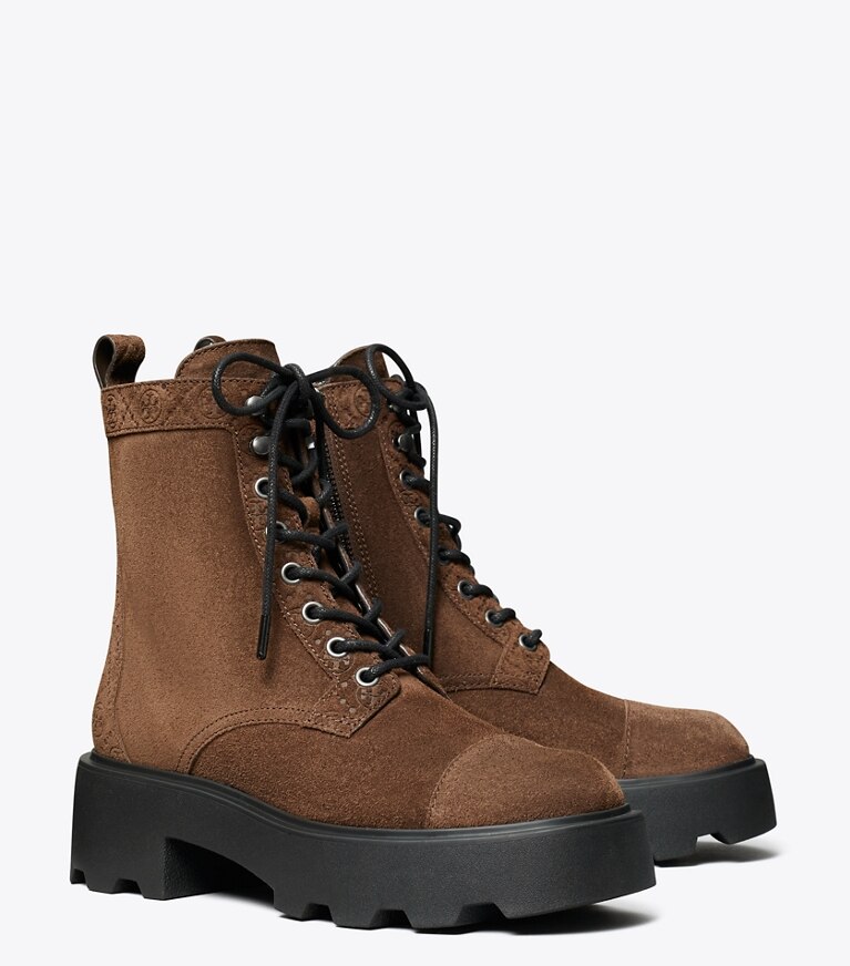 Tory Burch diseñador botines Bota con suela dentada T Monogram en COCOA ángulo