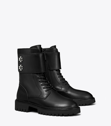 Tory Burch diseñador botines Bota con suela dentada y broche giratorio en PERFECT BLACK ángulo