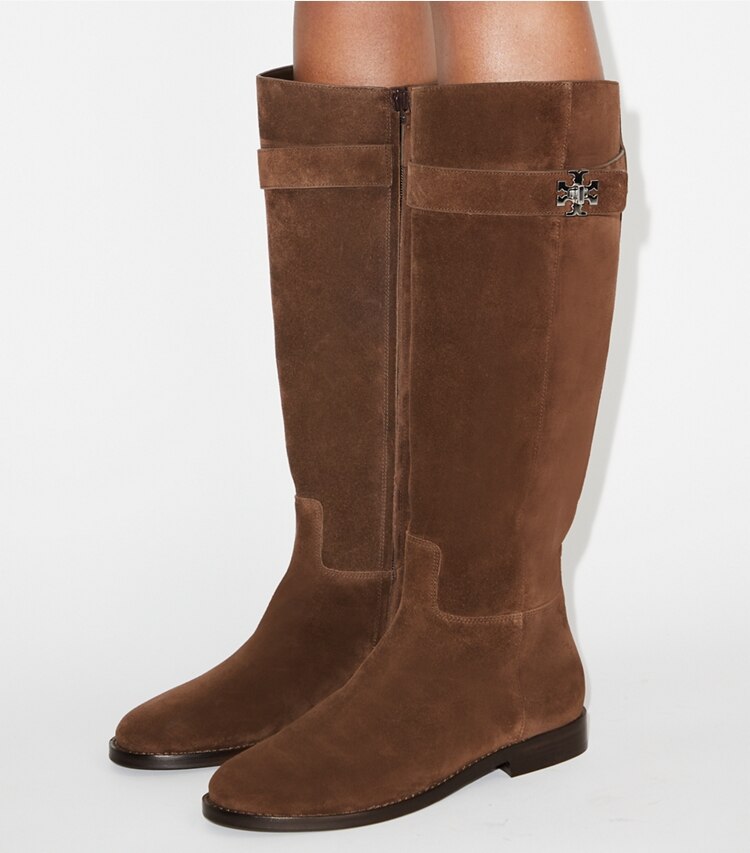 Tory Burch diseñador botas hasta la rodilla Bota de montar con broche giratorio en DARK COCOA accesorio en modelo