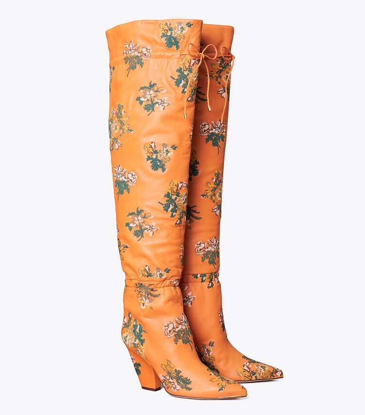 Tory Burch diseñador botas hasta la rodilla Bota fruncida por encima de la rodilla Lila bordada en Baked Terracotta ángulo