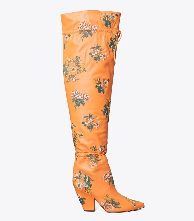 Tory Burch diseñador botas hasta la rodilla Bota fruncida por encima de la rodilla Lila bordada en Baked Terracotta lateral