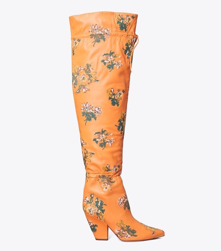 Tory Burch diseñador botas hasta la rodilla Bota fruncida por encima de la rodilla Lila bordada en Baked Terracotta lateral