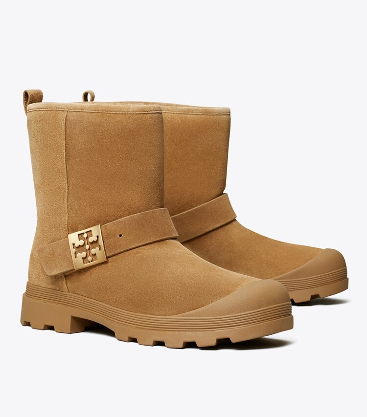 Tory Burch diseñador botas Bota Mellow de borreguillo en CHESTNUT / GOLD ángulo