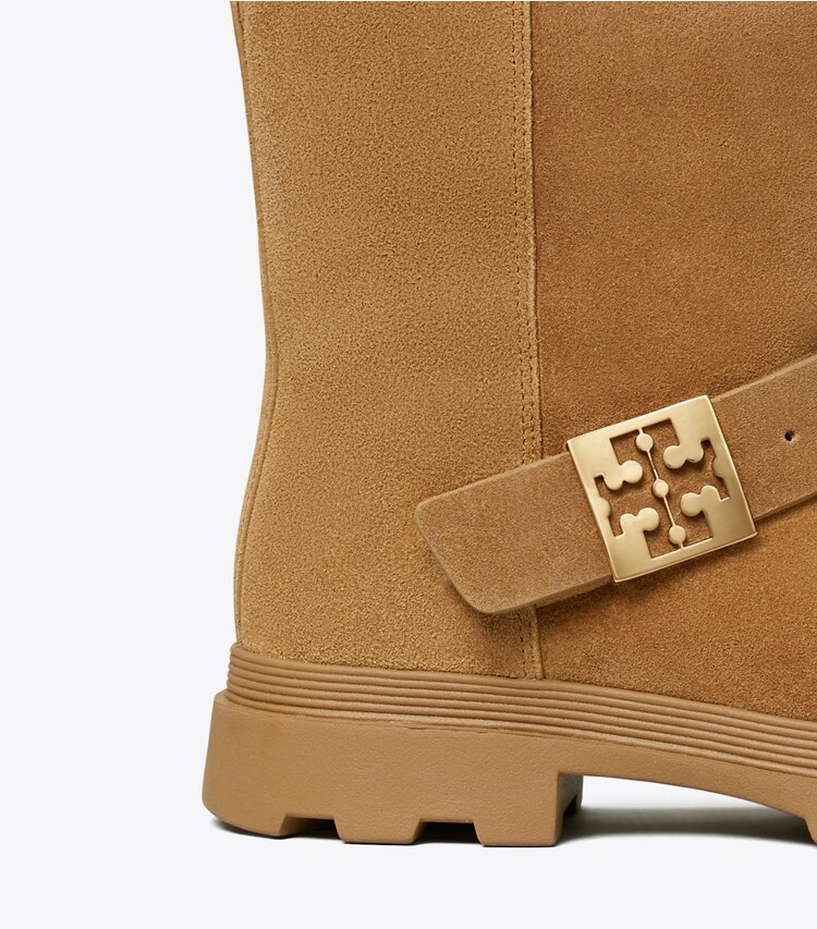 Tory Burch diseñador botas Bota Mellow de borreguillo en CHESTNUT / GOLD detalle