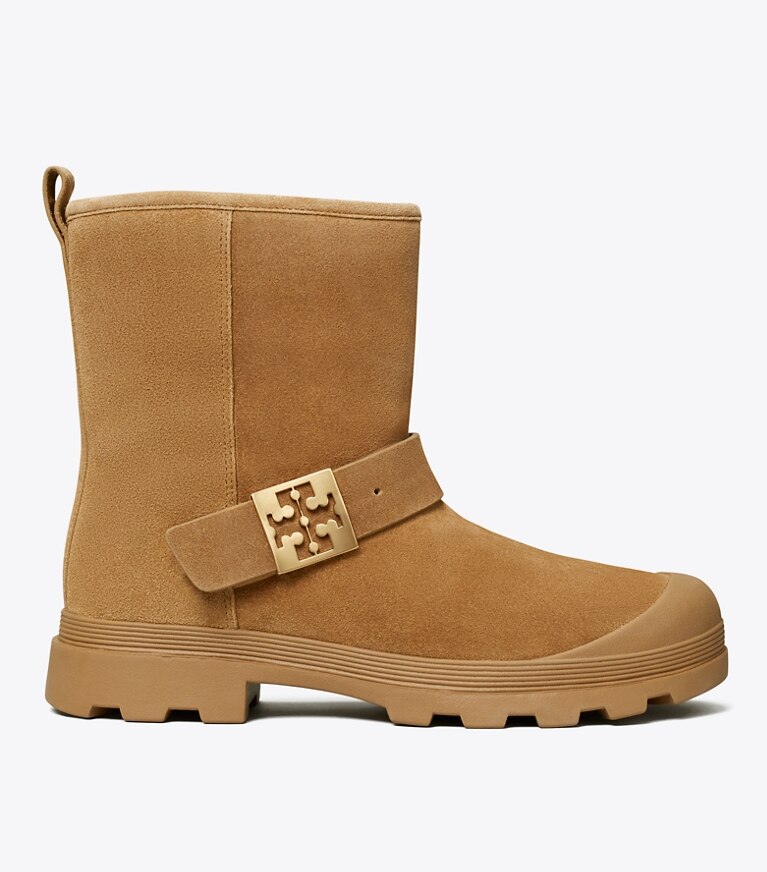 Tory Burch diseñador botas Bota Mellow de borreguillo en CHESTNUT / GOLD lateral