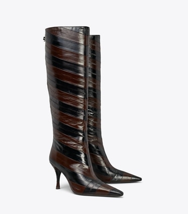 Tory Burch designer bottes au genou Botte haute Charlie dans BROWN / BLACK angle