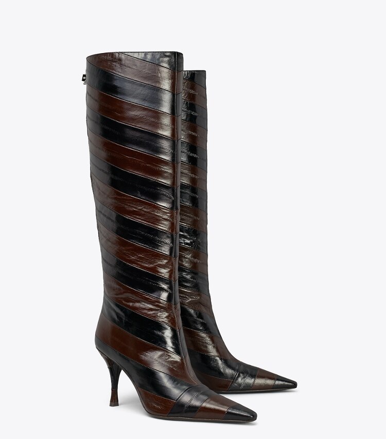 Tory Burch designer bottes au genou Botte haute Charlie dans BROWN / BLACK angle