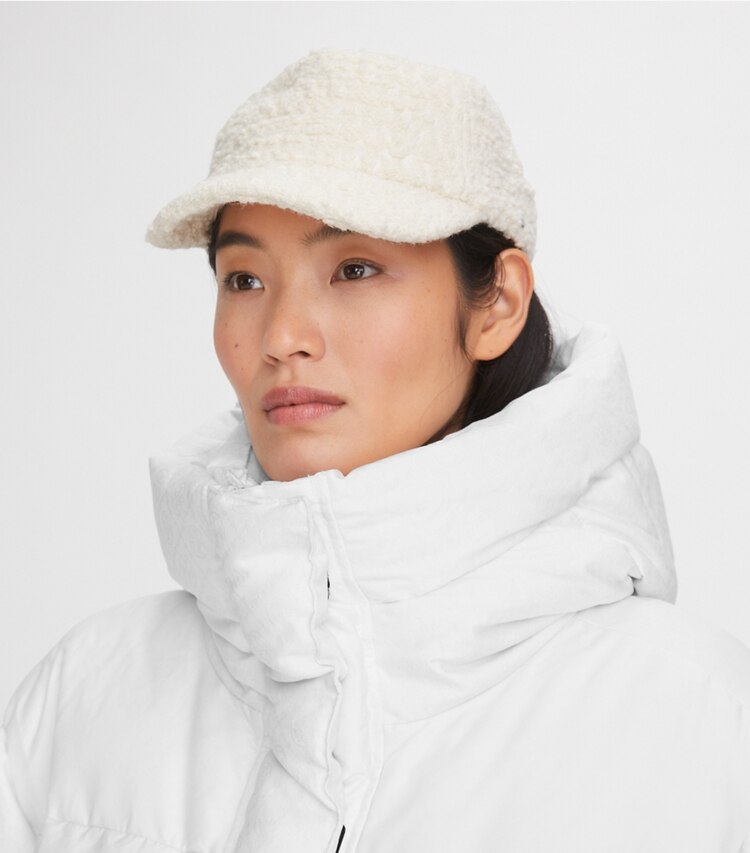 Tory Burch designer hats Bouclé Baseball Cap in Cream accessory on model