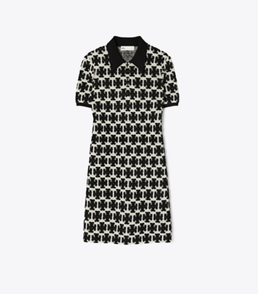 Tory Burch designer dresses Bouclé Polo Dress in BLACK / FRENCH CREAM front