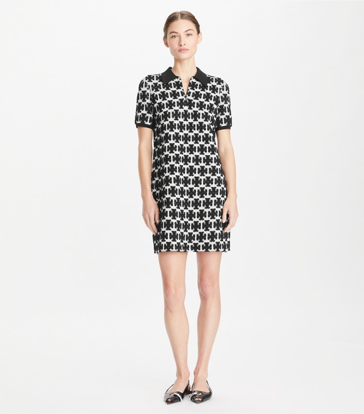 Tory Burch designer ドレス ブークレ ポロドレス in BLACK / FRENCH CREAM モデル前面